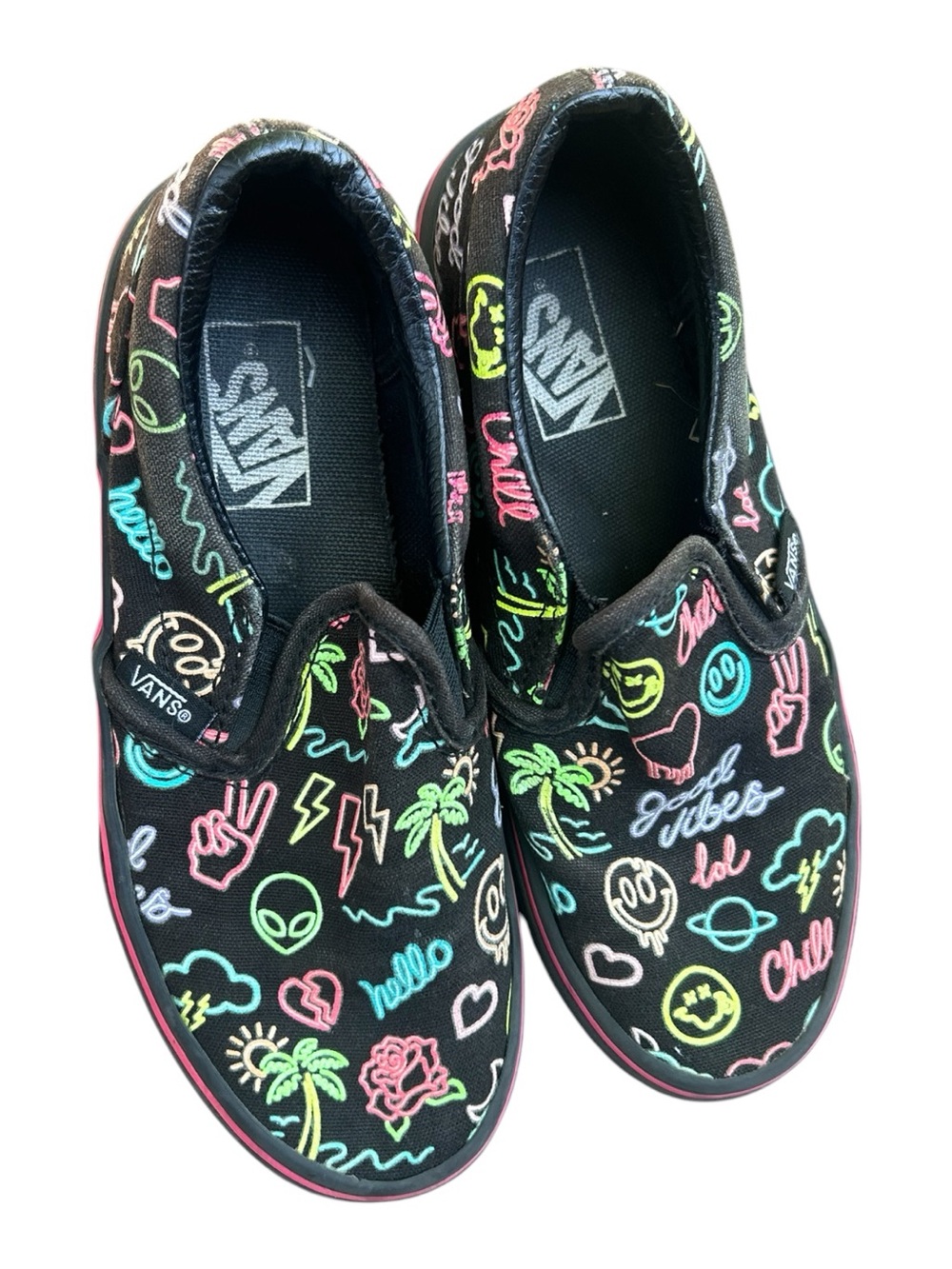 Vans Kids Slip-On Sneakers Black with Neon Multicolor Doodles Very Rad 1 Youth - Picture 4 of 6